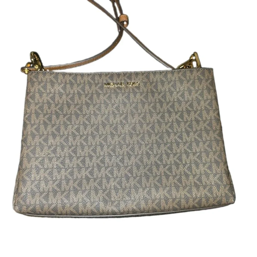 Michael Kors Trisha Triple Compartment Brown MK Signature Crossbody Bag